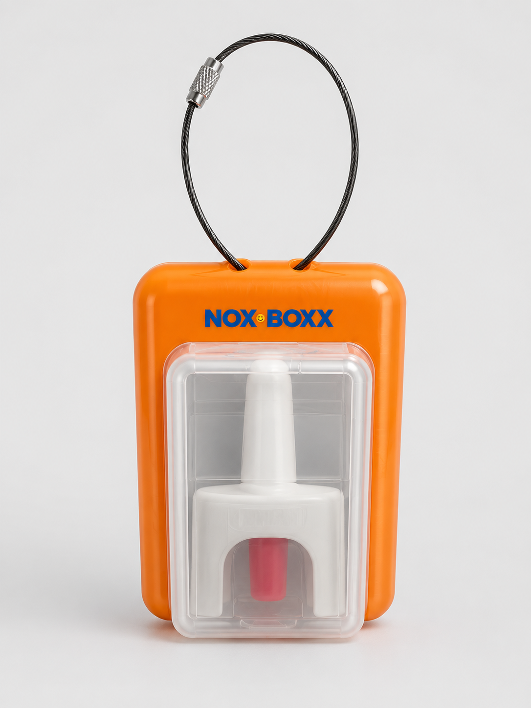 NOXBOXX orange overdose prevention naloxone carry kit with two naloxone doses, gloves and CPR barrier mask