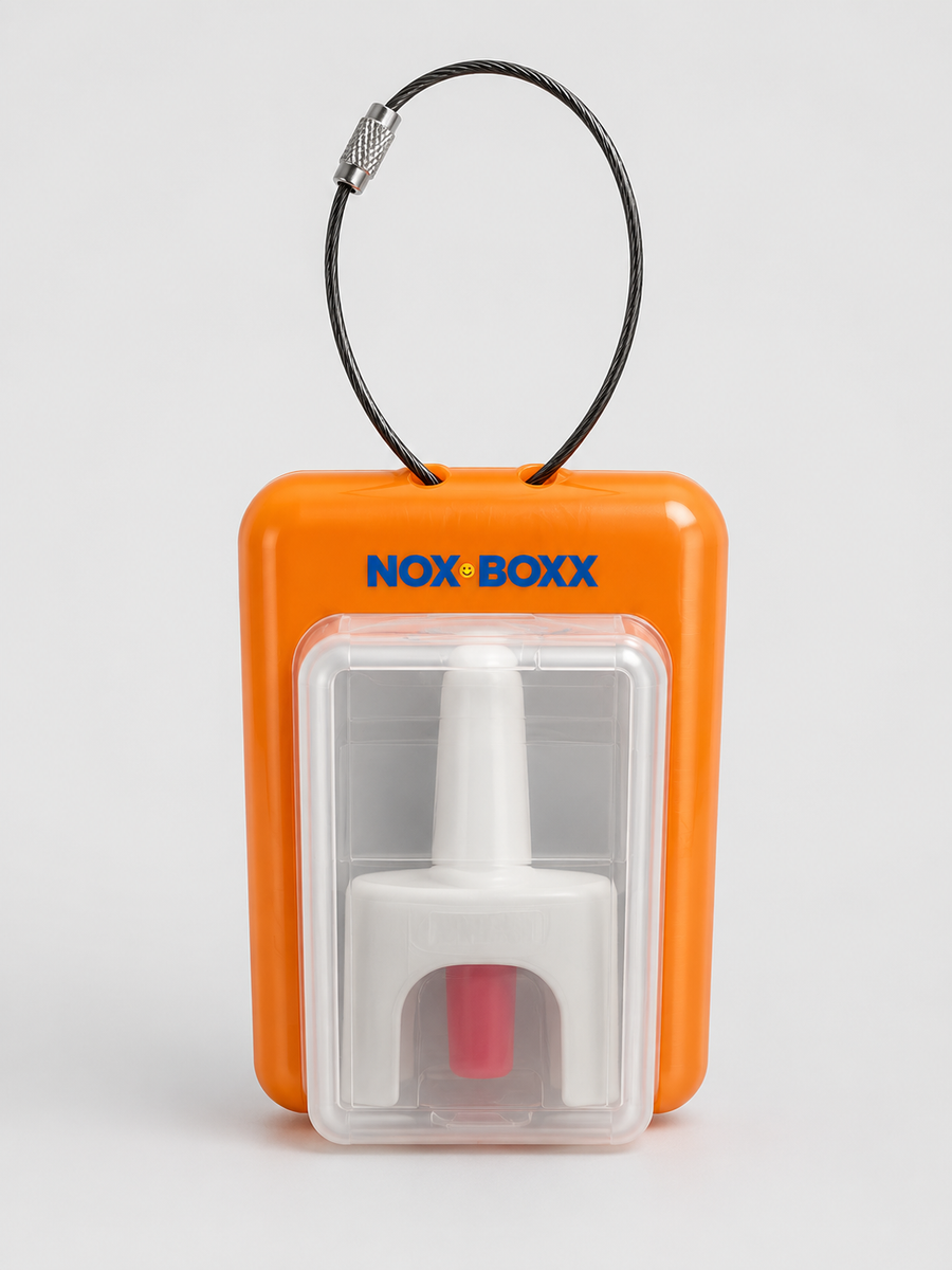NOXBOXX orange overdose prevention naloxone carry kit with two naloxone doses, gloves and CPR barrier mask