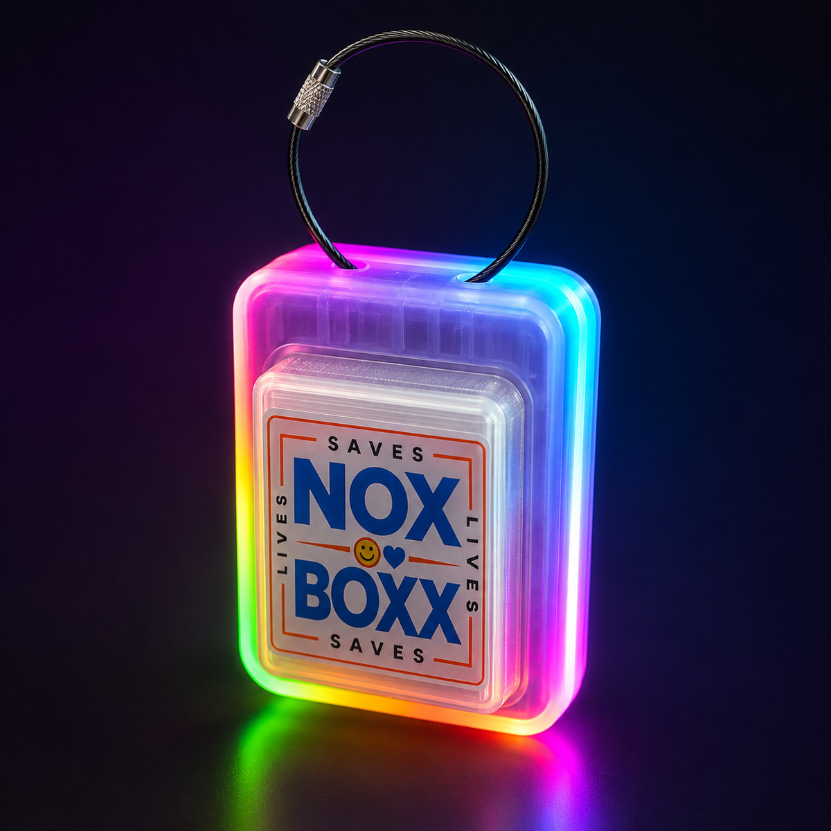 LED illuminated NOXBOXX overdose prevention naloxone carry case glowing pink and rainbow