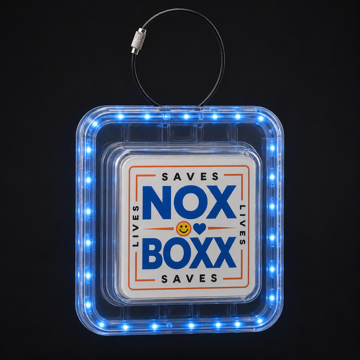 LED illuminated NOXBOXX overdose prevention naloxone carry case with a blue LED ring