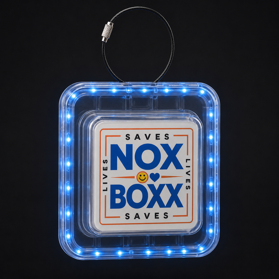LED illuminated NOXBOXX overdose prevention naloxone carry case with a blue LED ring