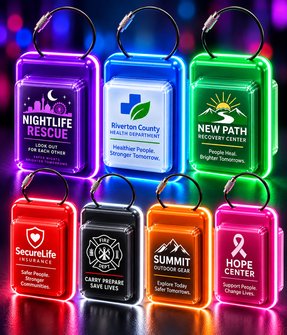 Custom LED naloxone carry kits printed with sample organization logos in purple, blue, green, red, black, orange and pink