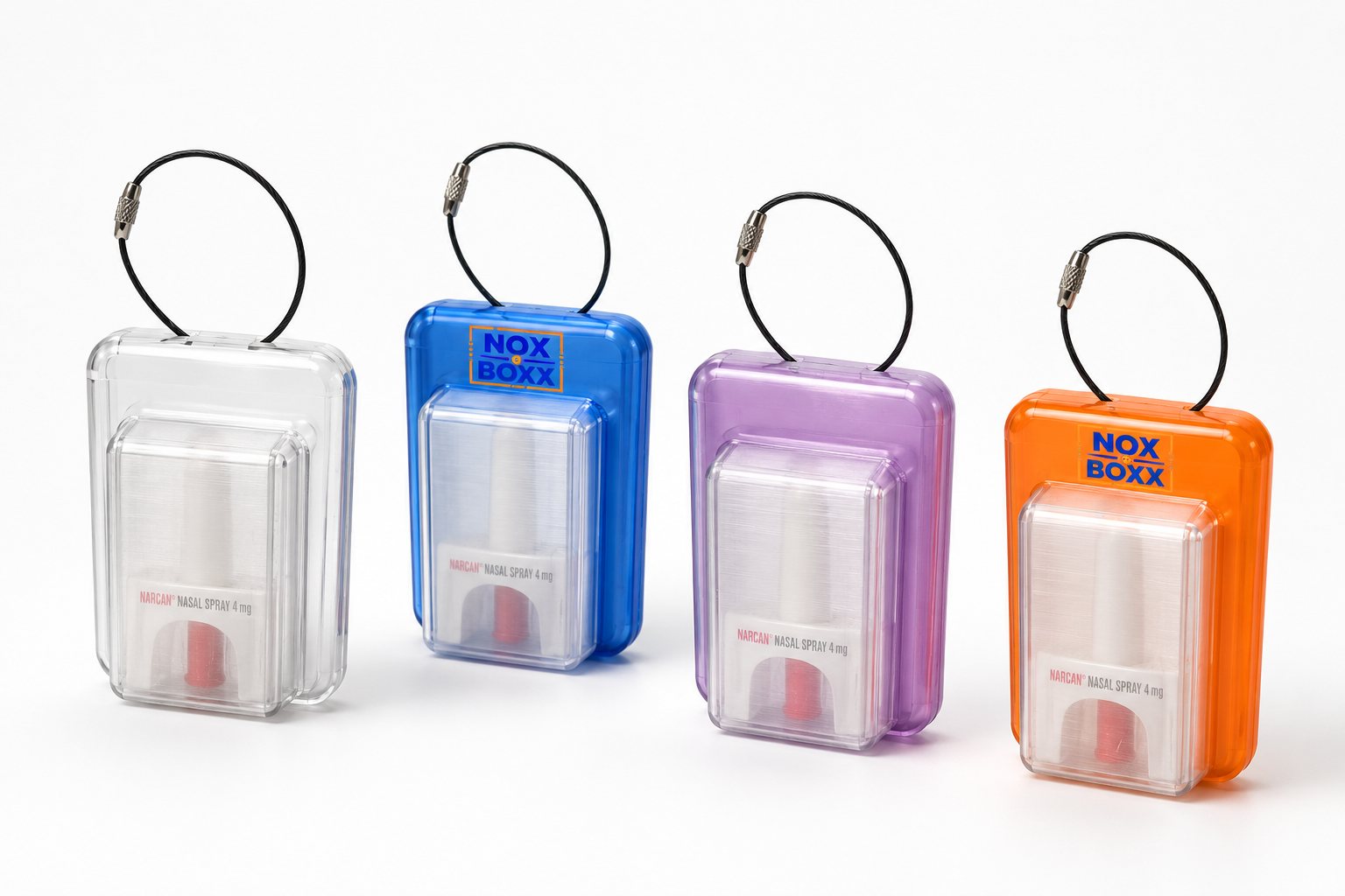 Four NOX BOXX colorways in a row: clear, blue, purple and orange, each holding a naloxone nasal spray